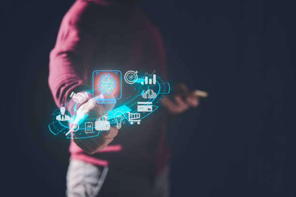 istock man scanning fingerprint indentification to access personal financial data. Idea for E-kyc , biometrics security, security technology against digital cyber crime, access app shopping online 1464994898
