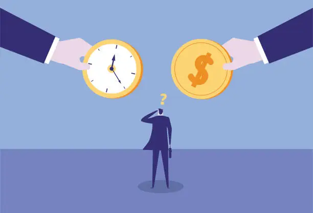 Vector illustration of Business man feeling confused while choosing time and dollars