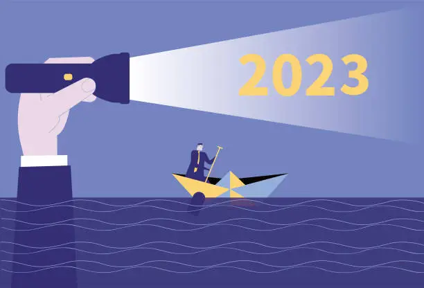 Vector illustration of Giant uses a flashlight to help a rowing business man illuminate 2023