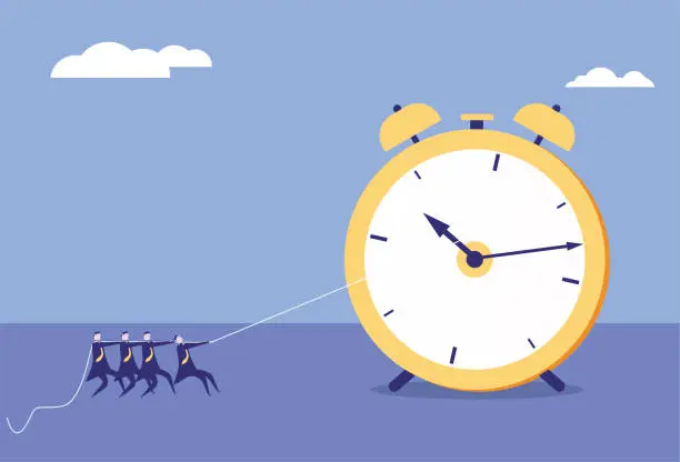 Vector illustration of People loop the hour hand of an alarm clock with a rope to stop time