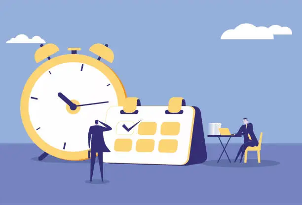 Vector illustration of Accomplish work goals according to time plan