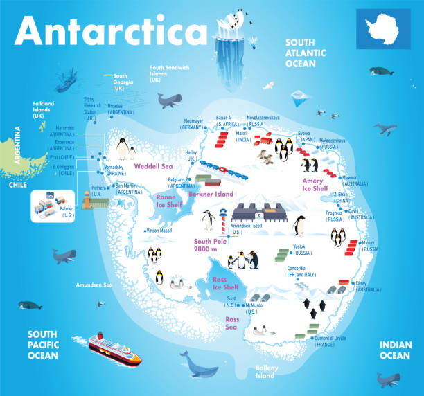 illustrazioni stock, clip art, cartoni animati e icone di tendenza di mappa dei cartoni animati dell'antartide - arctic station snow science