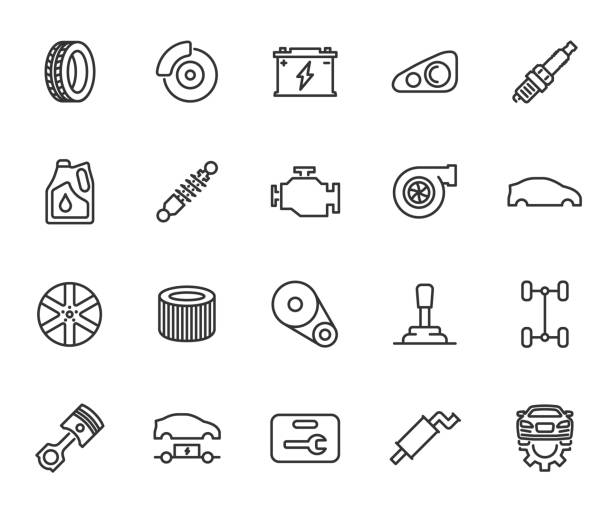 vektorsatz von autoteile-liniensymbolen. enthält symbole reifen, leichtmetallrad, autobatterie, aufhängung, scheibenbremse, zündkerze, motoröl, getriebe, kolben und mehr. pixel perfekt. - kurbel stock-grafiken, -clipart, -cartoons und -symbole