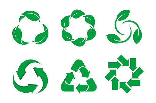 Recycling symbol group. Biodegradable, compostable, renewable natural material. Reduce, reuse, recycle. Vector illustration, flat, clip art.