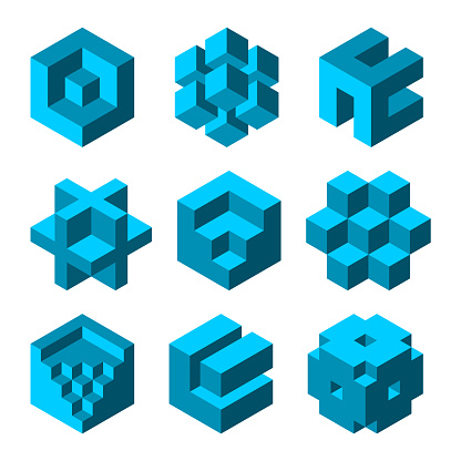 Cross, room, stairs, diamond. Business logo template. Geometry design element. Isometric block. Vector illustration, 3D, clip art.