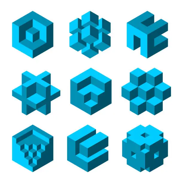 Vector illustration of Blue geometric cube shapes set. Group of 9 abstract hexagon objects.