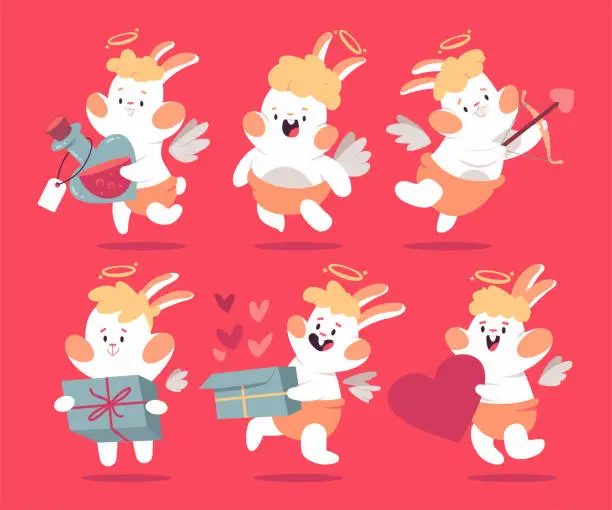 Vector illustration of Cute cupid rabbits vector cartoon Valentines day characters set isolated on background.