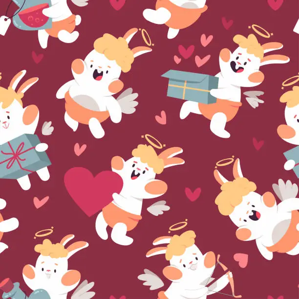 Vector illustration of Cute cupid rabbits vector cartoon seamless pattern background for Valentines day.