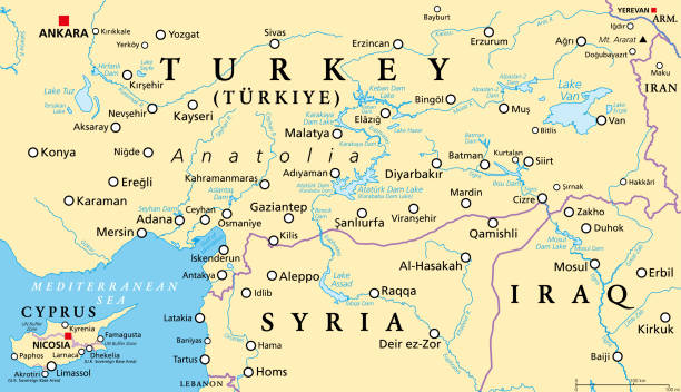 Part of the Turkish peninsula of Anatolia, political map Part of the Turkish peninsula of Anatolia, political map, with Cyprus and northern Syria and Iraq. Eastern and Southeastern Anatolia, and Mediterranean Region. Geographical regions of Turkey, Türkiye. euphrates syria stock illustrations