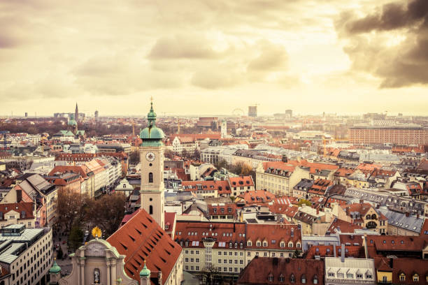 Munich, Germany - November 30, 2019: Rooftops and skyline of Munich, Bavaria, Germany  from high above.