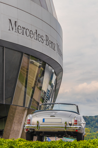 Stuttgart, Germany - August 2, 2020: Mercedes-Benz 190 SL cabrio german oldtimer car at the Mercedes-Benz Museum.