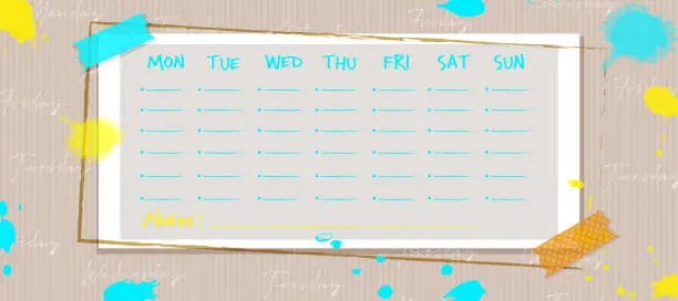 Vector illustration of Weekly, diary, planning concept in flat style. Weekly to-do list on an abstract background with blots.