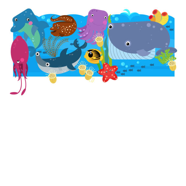 istock cartoon scene with different sea or ocean animals in the coral reef illustration 1465001978