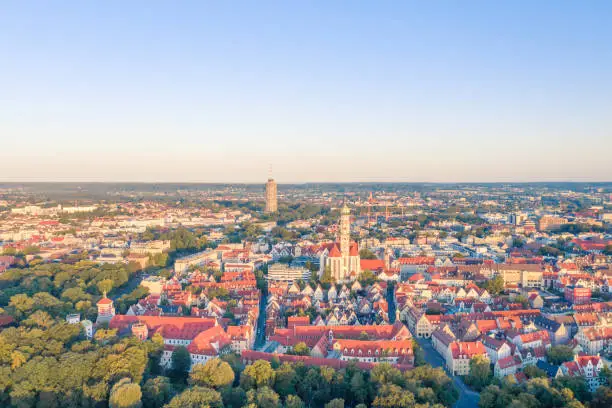 Top view of the entire city of Augsburg. Aerial view of Augsburg city center.