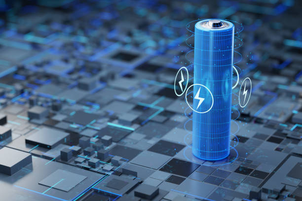 istock Battery on a technological background. battery fast charging concept. AA batteries. 3D visualization 1465006760
