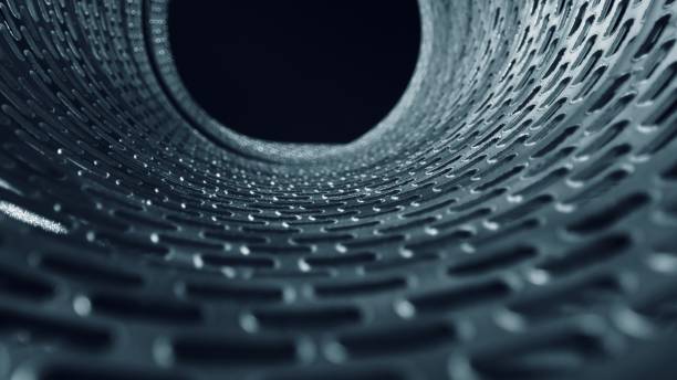 istock Inside view on metal silver pipe with holes - close up 1465006866