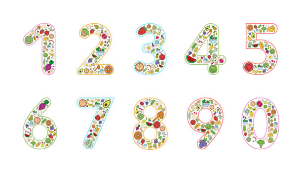 ilustrações de stock, clip art, desenhos animados e ícones de food and drink collage design from numbers. - healthy eating food and drink nutrition label food