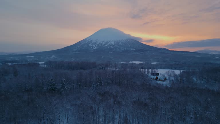 Aerial backward of Mt. Yotei at Niseko in sunrise