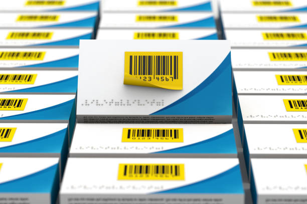 etichetta gialla e codice a barre per la serializzazione farmaceutica. rendering 3d - bar code medicine healthcare and medicine label foto e immagini stock