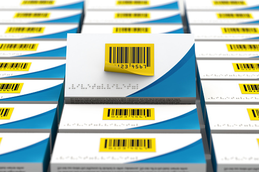 Yellow Label and bar code for pharma serialization. 3d render