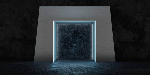 istock Neon light background Wall scene. Empty with lights at night Hall scene and 3D illustration 1465026509
