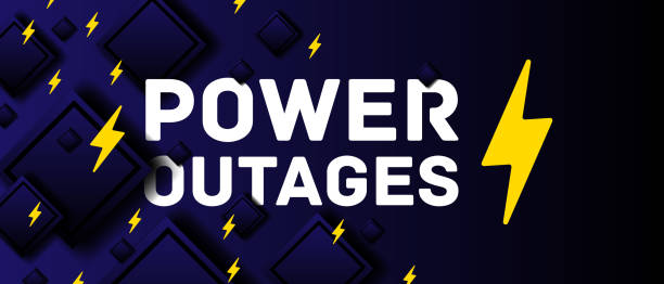 istock Power outage text on dark blue background with yellow energy icons. Modern banner with squares and shadow. Vector illustration. 1465026883