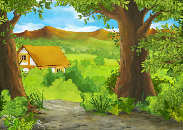 illustrations, cliparts, dessins animés et icônes de scène de dessin animé avec montagnes et vallée avec ferme cachée près de la forêt illustration pour enfants - house rural scene field residential structure