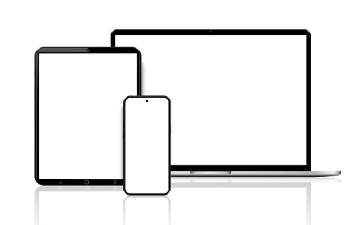 Realistic mock up computer, laptop, tablet, phone. Vector illustration.
