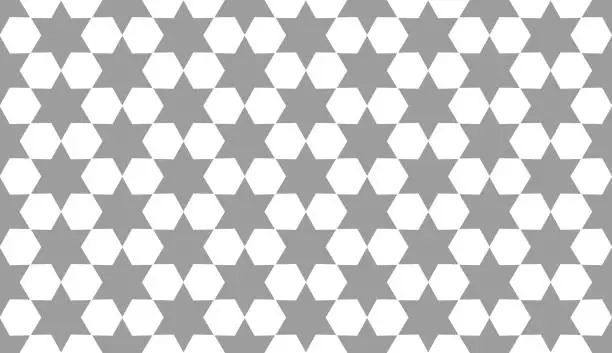 Vector illustration of Abstract geometrical seamless mosaic pattern with star of David and hexagons in contrast black and white colors