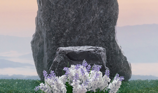 Stone podium table top with outdoor mountains pastel color scene nature landscape at sunrise blur background.Natural beauty cosmetic or healthy product placement presentation pedestal display.
