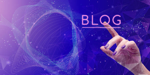 istock Woman's hand points to the inscription BLOG on an abstract wave background. E-commerce, remote work, business, technology, Internet and network concept 1465031357