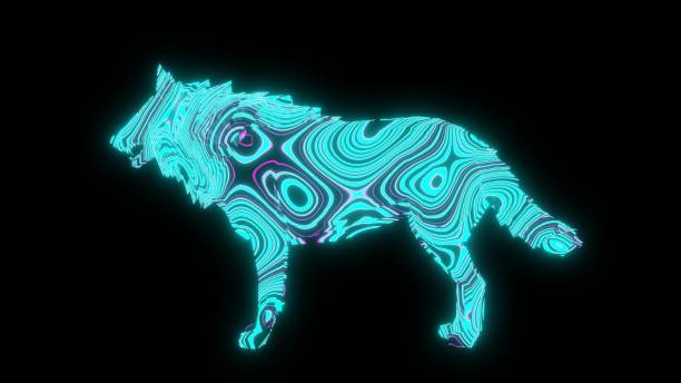 Illustration graphic of beautiful texture or pattern formation on the Wolf body shape, isolated on black background. 3d abstract loop neon lighting effect on Wolf.