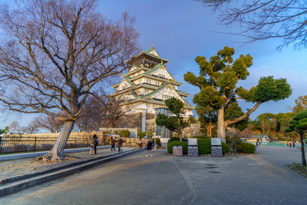 Osaka, Japan - 03 February, 2023. A winter day shot outside Osaka Castle in Osaka, Japan. This area attracts thousands of locals and tourists every year and offers some amazing walks and scenery, Tourists flock here to experience of Japanese cultural tourism.