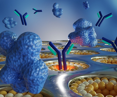 proteins as analytes conjugate on antibody molecule or receptor flow through metal film nanoholes of opto-fluidic biosensor 3d rendering