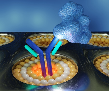 proteins as analytes conjugate on antibody molecule or receptor flow through metal film nanoholes of opto-fluidic biosensor 3d rendering