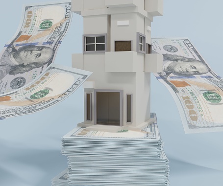 isolated Apartment building on top of stack of money US dollar bill. 3d rendering in the white background