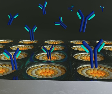 The integration of fluidics and optics, antibodies molecule in flow-through nanohole arrays, has enabled increased transport of analytes to sensing surfaces 3d rendering