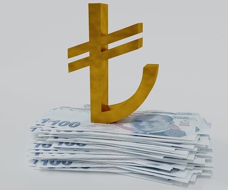 Broken gold Turkish lira symbol with 100 lira paper cash money 3d rendering