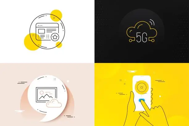 Vector illustration of Minimal set of Fan engine, 5g cloud and Photo cloud line icons. For web development. Vector