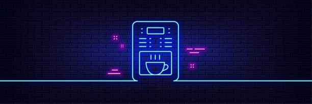 ilustrações, clipart, desenhos animados e ícones de ícone da linha da cafeteira. sinal de máquina de venda automática. faça chá. efeito de brilho de luz neon. vetor - vending machine flash