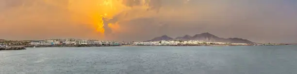 scenic view of Blaya Blanca in Lanzarote from seaside with spectacular sky