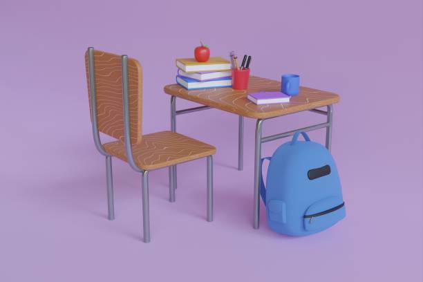 istock School desk with school accessory and blue backpack 3D Rendering. home learning and study desk with book, pen and school backpack. concept of education and back to school. 3d illustration 1465039243