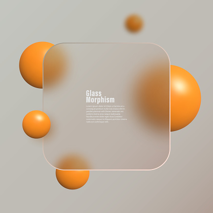 Glassmorphism landing page with square frame. Vector illustration with blurry floating spheres in orange color