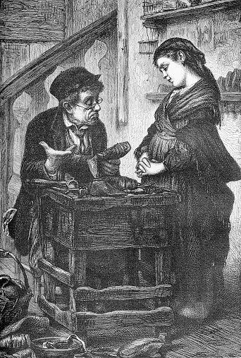 Humor vignette, the shoemaker tells the girl that he cannot repair her shoes, they are beyond hope, old print
