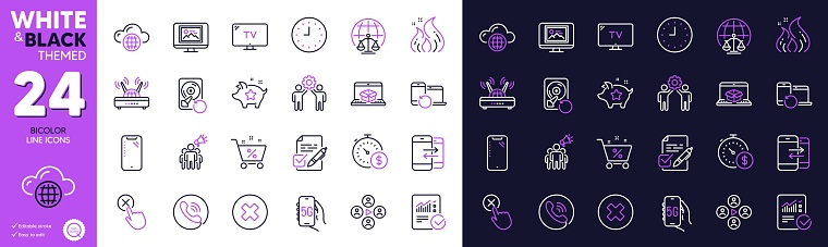 Fire energy, Online delivery and Wifi line icons for website, printing. Collection of Brand ambassador, Checked calculation, Smartphone icons. Cloud computing, Tv, Clock web elements. Vector