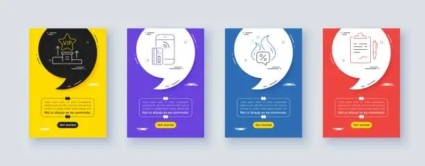 Vector illustration of Set of Vip podium, Hot offer and Contactless payment line icons. For design. Vector