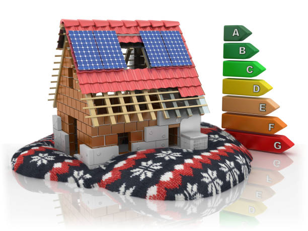 エネルギー効率-ヒートポンプとソーラーパネルを備えた冬の家 - tile able ストックフォトと画像