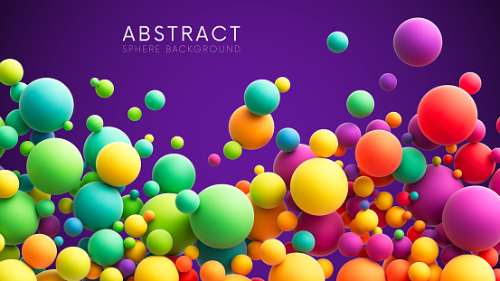 Abstract background with colorful random flying spheres. Colorful rainbow matte soft balls in different sizes. Vector background