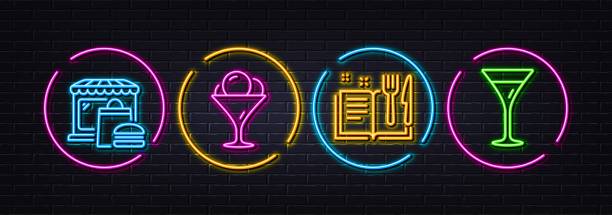 Recipe book, Ice cream and Food market minimal line icons. For web application, printing. Neon laser 3d lights. Vector Recipe book, Ice cream and Food market minimal line icons. Neon laser 3d lights. Martini glass icons. For web, application, printing. Food, Sundae in glass, Burger restaurant. Wine. Vector neon sign ice cream stock illustrations