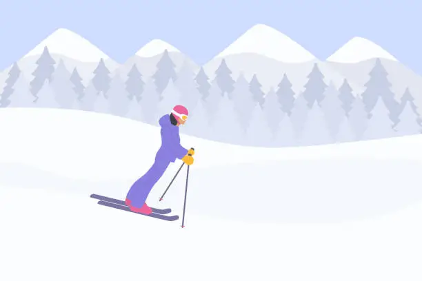 Vector illustration of Young Woman Wearing Ski Clothes And Downhill Skiing On Ski Slope